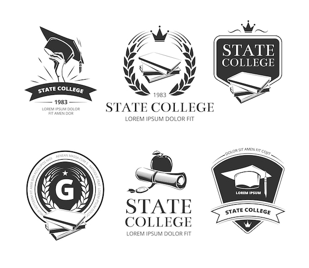 Vector gratuito conjunto de etiquetas e insignias universitarias, académicas, universitarias y escolares.