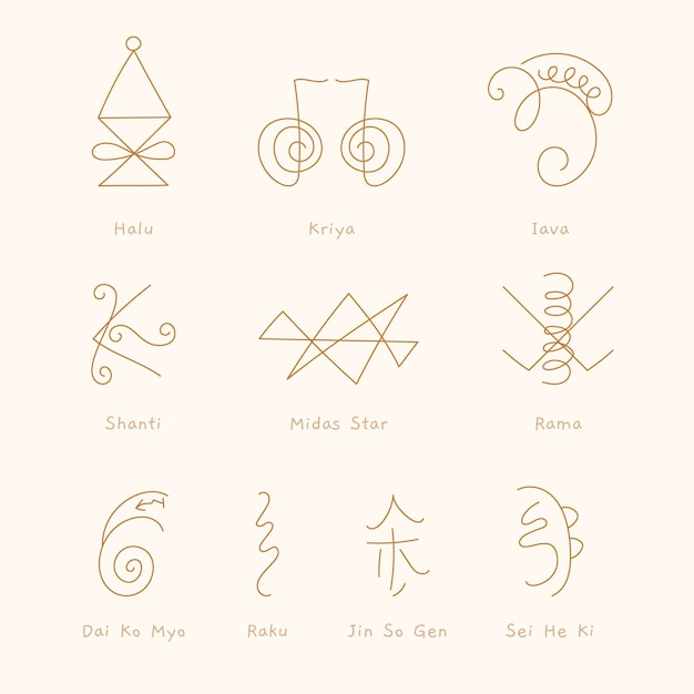 Vector gratuito conjunto de símbolos de reiki dibujados a mano