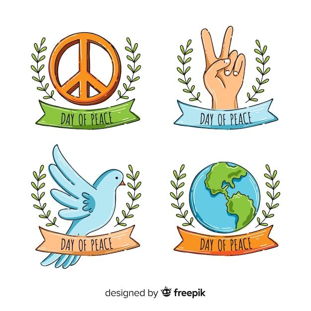 Vector gratuito colección de etiquetas del día de la paz dibujados a mano
