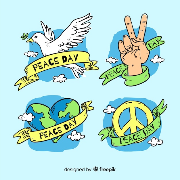 Vector gratuito colección de insignias del día de la paz dibujadas a mano