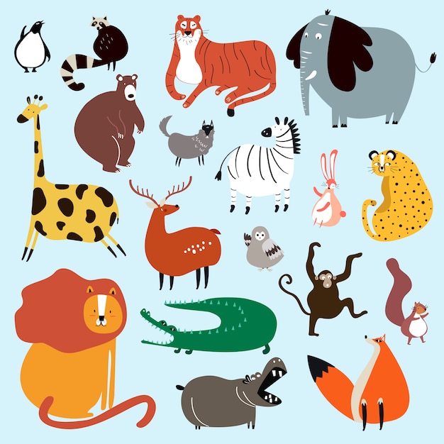 Vector gratuito colección de lindos animales salvajes en vector de estilo de dibujos animados