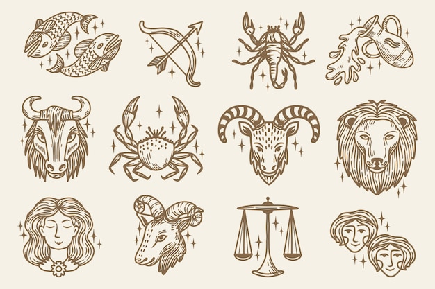 Vector gratuito colección de signos del zodíaco dibujados a mano de grabado