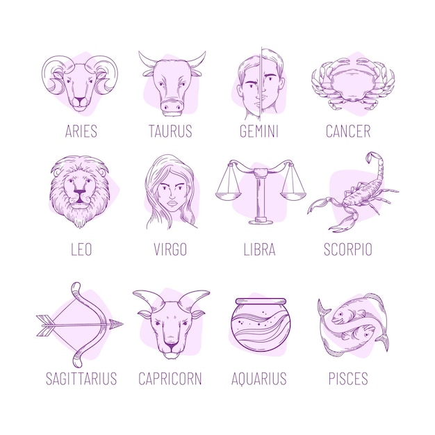 Vector gratuito colección de signos del zodiaco dibujados a mano de grabado