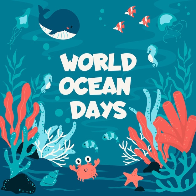 Vector gratuito día mundial de los océanos con ballenas y cangrejos