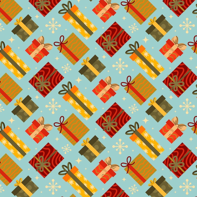 Vector gratuito diseño de patrón navideño plano con cajas de regalo.