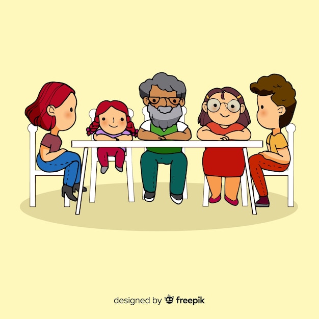 Vector gratuito familia feliz sentada en la mesa, diseño de personajes