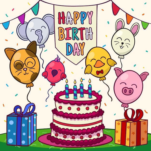 Vector gratuito feliz cumpleaños con animales globo y pastel.