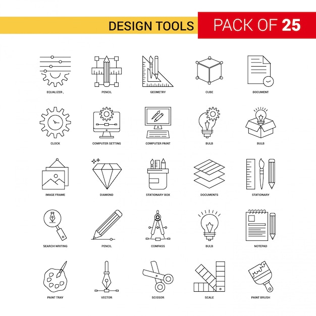 Vector gratuito herramientas de diseño icono de línea negra - 25 conjunto de iconos de esquema de negocios