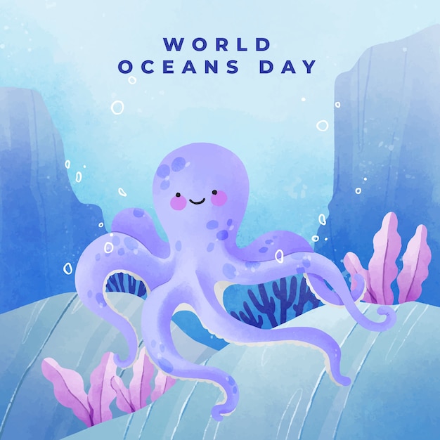 Vector gratuito ilustración acuarela del día mundial de los océanos