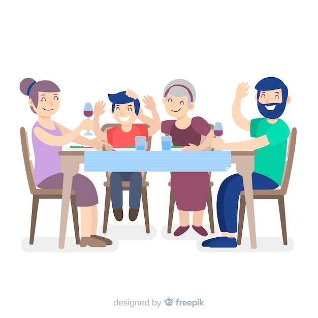Vector gratuito ilustración dibujada a mano familia sentada alrededor de la mesa