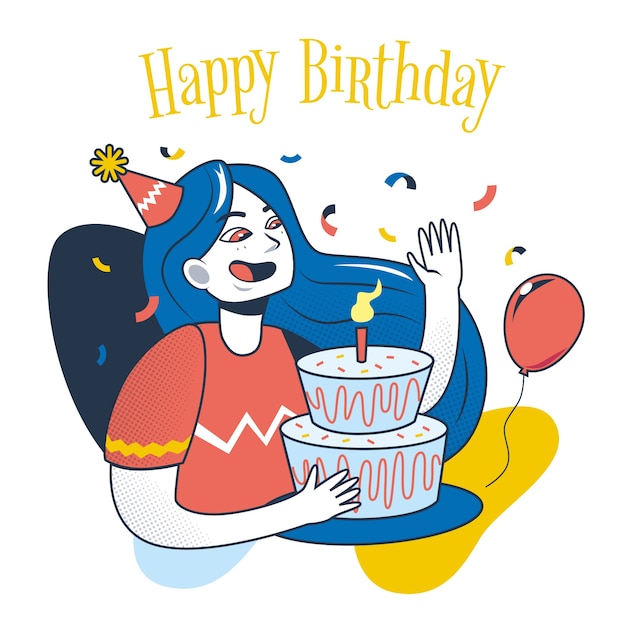 Vector gratuito ilustración de feliz cumpleaños con mujer y pastel