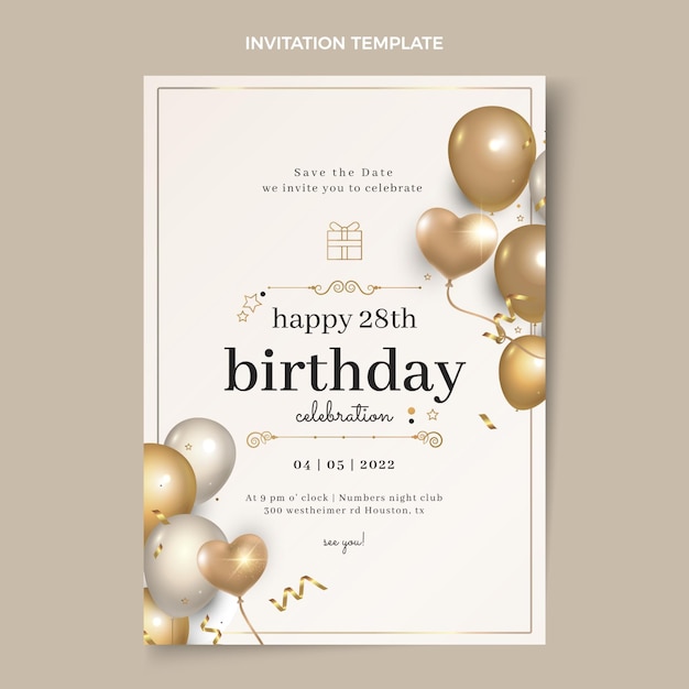 Vector gratuito invitación de cumpleaños dorada de lujo realista