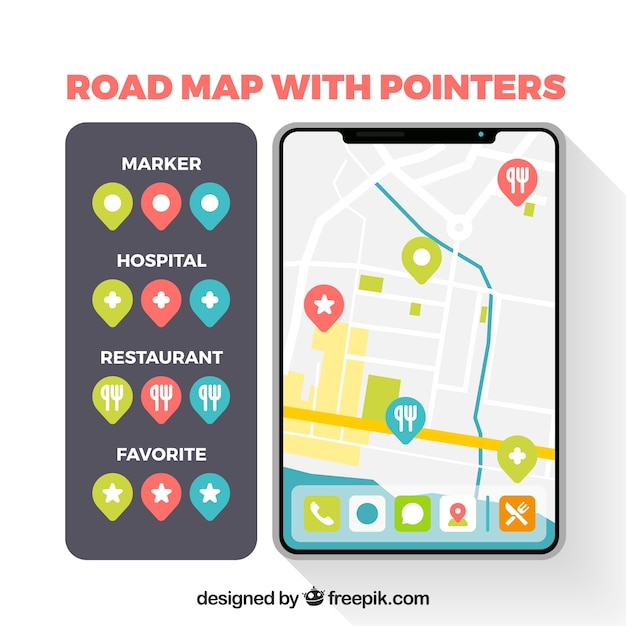Vector gratuito mapa de ruta con punteros en estilo plano