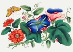 Vector gratuito pintura china con flores y mariposas.