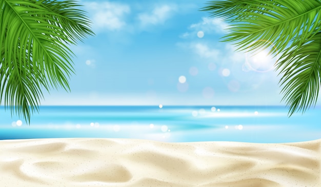 Vector gratuito playa de mar con palmeras hojas de fondo, verano