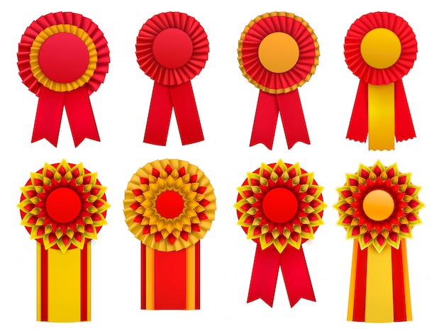Vector gratuito rojo dorado amarillo medalla decorativa premios circulair rosetas insignias insignias solapas con cintas conjunto realista