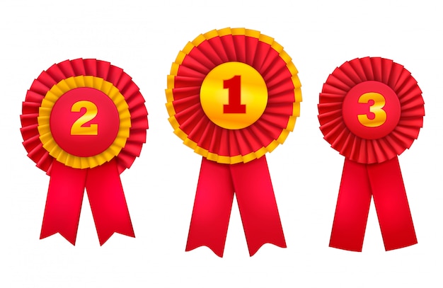 Vector gratuito las rosetas de insignias gratificantes otorgan un conjunto realista de pedidos para los mejores lugares ganadores decorados con cintas rojas