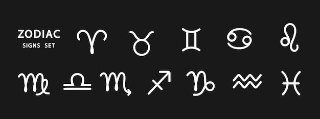 Vector gratuito signos blancos del zodíaco aislados en fondo oscuro símbolos estilizados de la línea del zodíaco colección del calendario astrológico horóscopo constelación ilustración vectorial