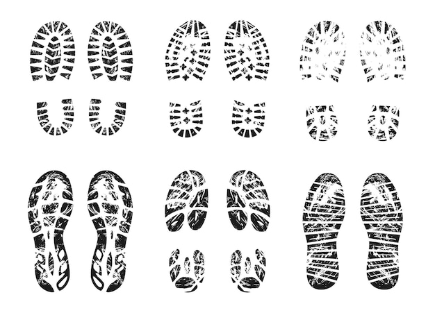 Vector gratuito silueta de grunge de conjunto de ilustraciones vectoriales de huella. huella de botas y zapatillas, sellos de zapatos, contorno de rastro humano, huella de pisadas aisladas sobre fondo blanco. calzado, concepto de textura