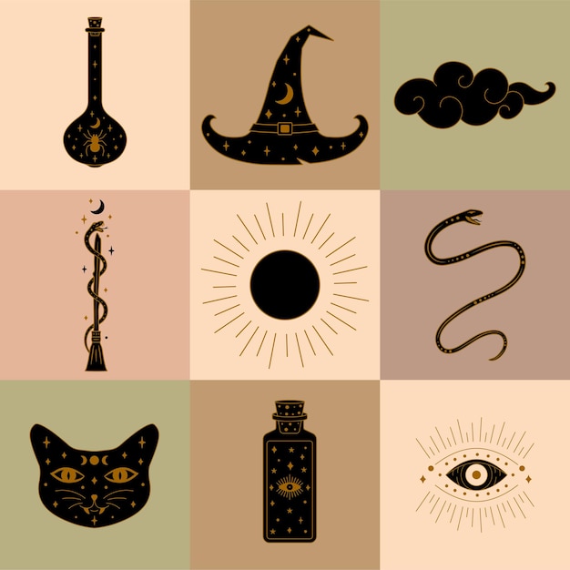 Vector colección de elementos e iconos de brujería ilustración en vector