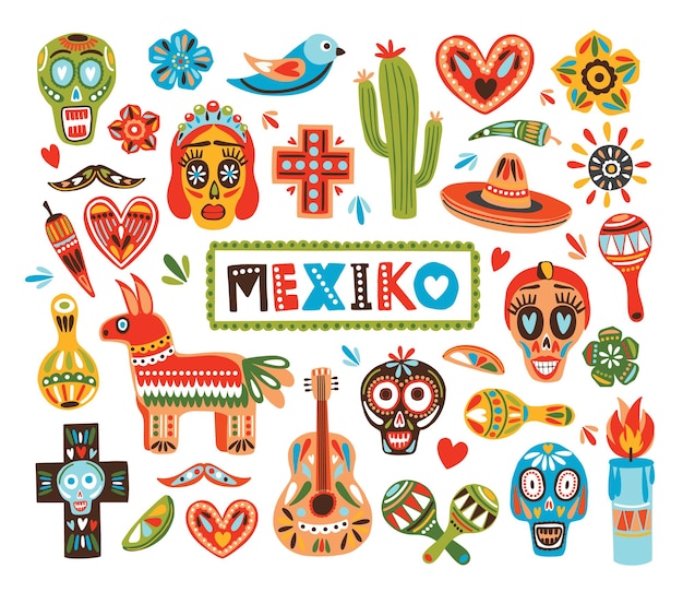 Vector colección de elementos nacionales mexicanos aislado en blanco