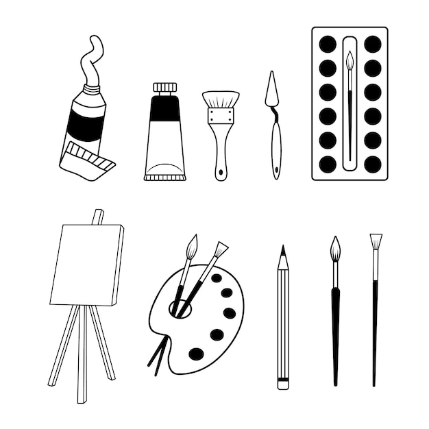 Vector colección de suministros para artistas conjunto de diferentes herramientas de arte pintura pincel caballete espátula lápiz accesorios de pintor ilustración de contorno vectorial aislado en blanco