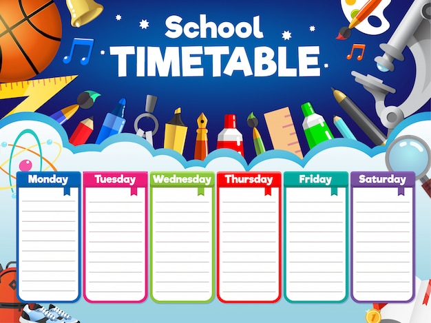 Vector colorido horario escolar, horario semanal con útiles y artículos para estudiantes