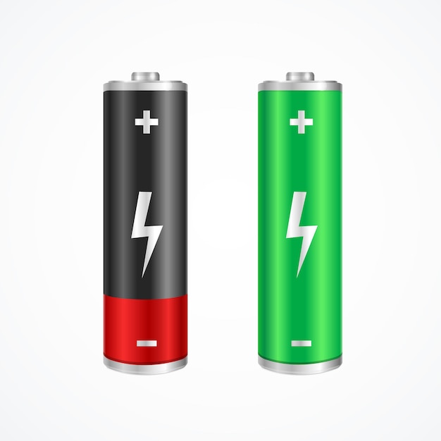 Vector concepto de carga batería llena y baja. verde y rojo.