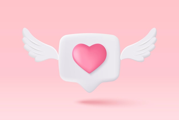 Concepto de plataforma en línea de redes sociales 3D Comunicación social en línea en la aplicación Marco de fotos con icono de emoji de corazón y amor como y jugar en icono de burbuja Corazón 3d con concepto de renderizado de vector de alas