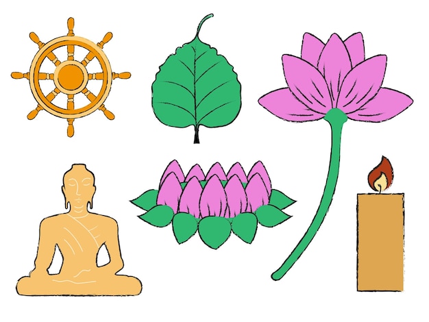 Vector conjunto de artículos de vesak vesak imagen de buda flores de loto vela de árbol bodhi y la rueda de la ley ilustración de vector plano