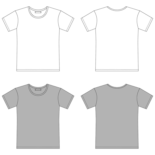 Vector conjunto de dibujo de contorno de camiseta en blanco. diseño cad de camisetas de ropa. ilustración de moda técnica aislada. vector frontal y posterior. negro y gris. plantilla de maqueta.