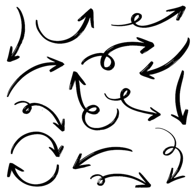 Vector conjunto de flechas vectoriales dibujadas a mano garabato sobre ilustración de vector de elemento de diseño de fondo blanco