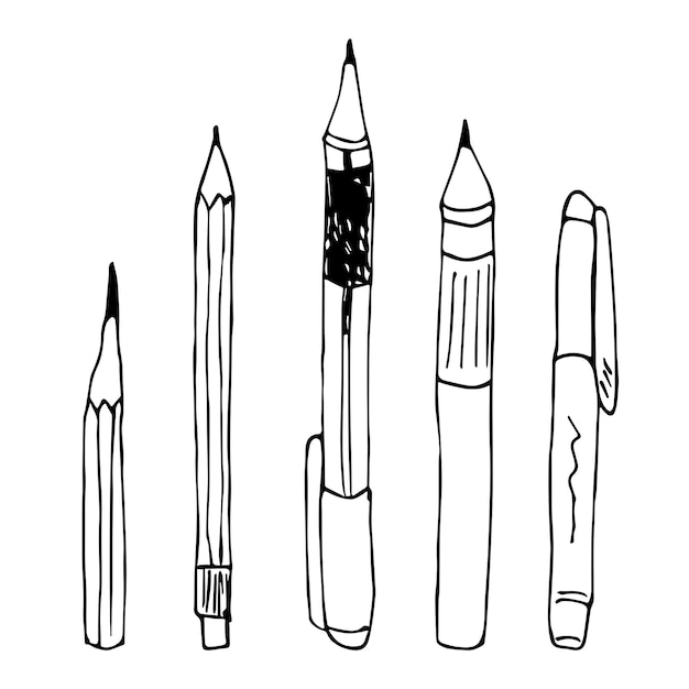 Vector conjunto de imágenes prediseñadas de pluma y lápiz vectorial ilustración de suministros de oficina dibujada a mano