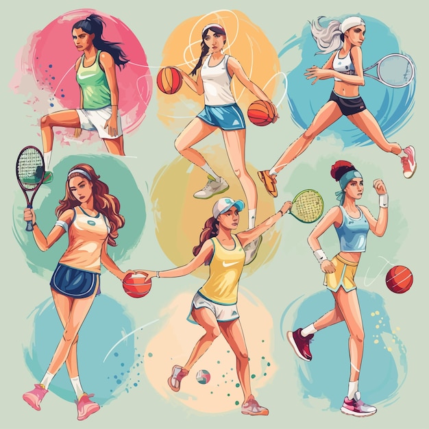 Vector un conjunto de ilustraciones con chicas hermosas y atletas.