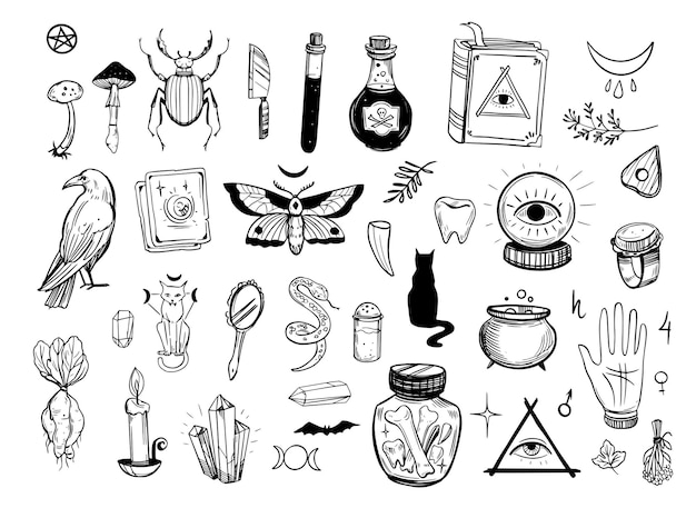 Vector conjunto de objetos para magia negra. ilustración dibujada a mano aislado en blanco