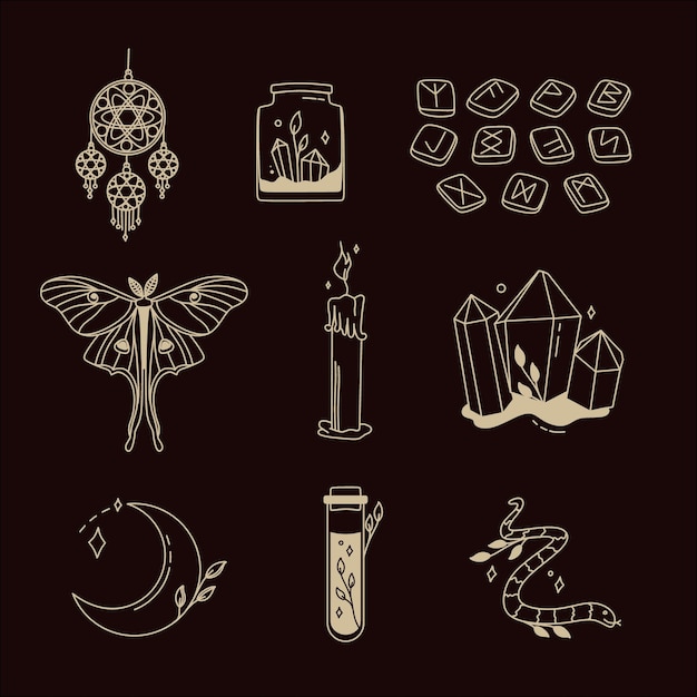 Vector conjunto de símbolos mágicos de garabatos esotéricos boho místicos elementos dibujados a mano cristales de piedra en oro