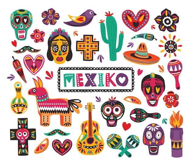 Vector conjunto de símbolos nacionales mexicanos y decoraciones tradicionales del día de muertos aisladas sobre fondo blanco: calaveras, pimiento, piñata, cactus, sombrero, maracas, guitarra. ilustración de vector plano.