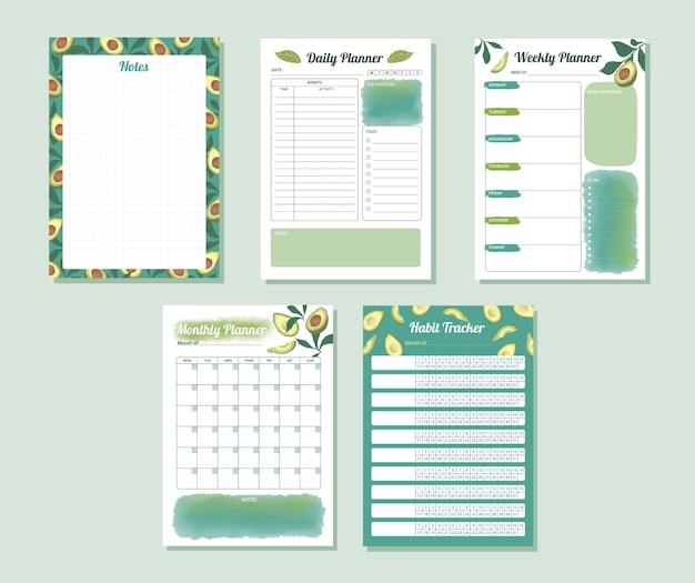 Conjunto de planificador de seguimiento de hábitos mensual semanal diario en acuarela aguacate diseño de color verde azulado illu