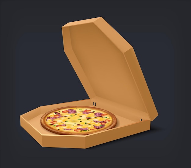 Vector caja abierta realista con pizza comida italiana nacional en un recipiente de cartón cuadrado paquete aislado para bocadillos con queso con pepperoni y tomates entrega de vectores y comida para llevar