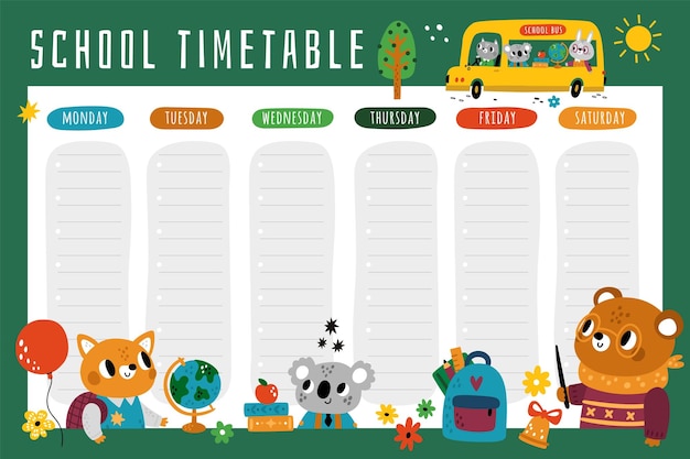 Vector calendario de animales escolares planificador de la semana educativa personajes de los estudiantes koala con libros documento de la escuela primaria estudiar oso y zorro certificado de graduación y diploma concepto vectorial