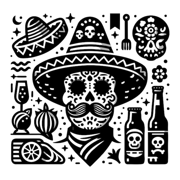 Vector un cartel en blanco y negro con un sombrero mexicano y un sombreiro