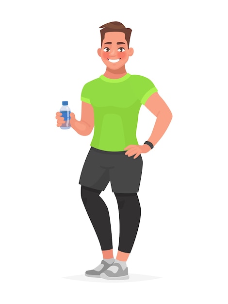 Vector chico fitness en ropa deportiva sosteniendo una botella de agua en la mano. el hombre del gimnasio.