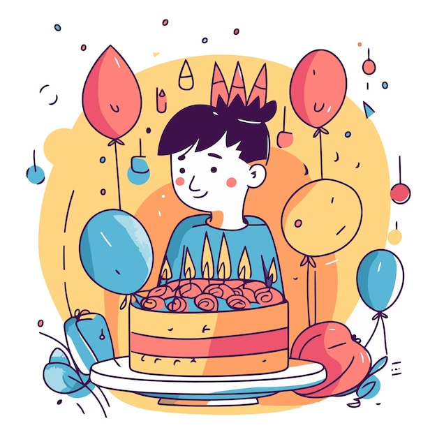 Vector chico lindo con pastel de cumpleaños y globos al estilo de dibujos animados