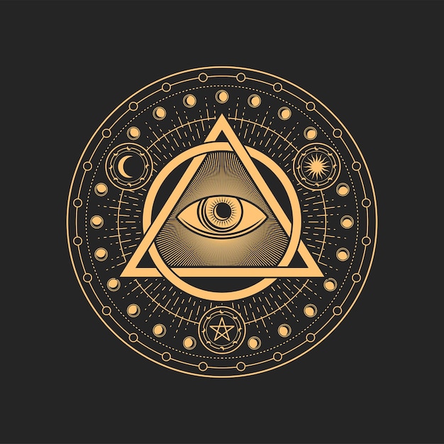 Vector círculo de alquimia de runas con ojo de brujería que todo lo ve