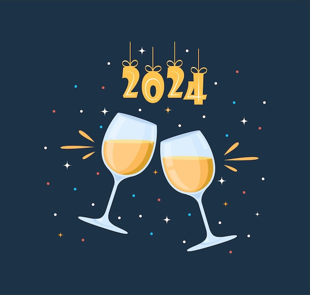 Vector clink gafas clink vino bebidas fiesta celebrando el año nuevo 2024 ilustración
