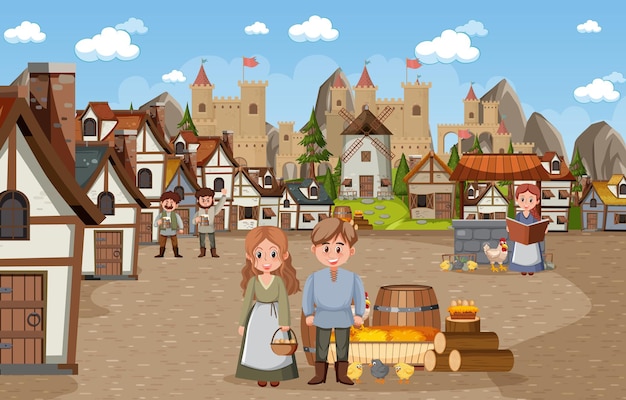 Antigua ciudad medieval con aldeanos