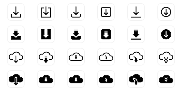 Vector botón de descarga línea y conjunto de iconos de silueta círculo de nube flecha hacia abajo símbolo de concepto de carga
