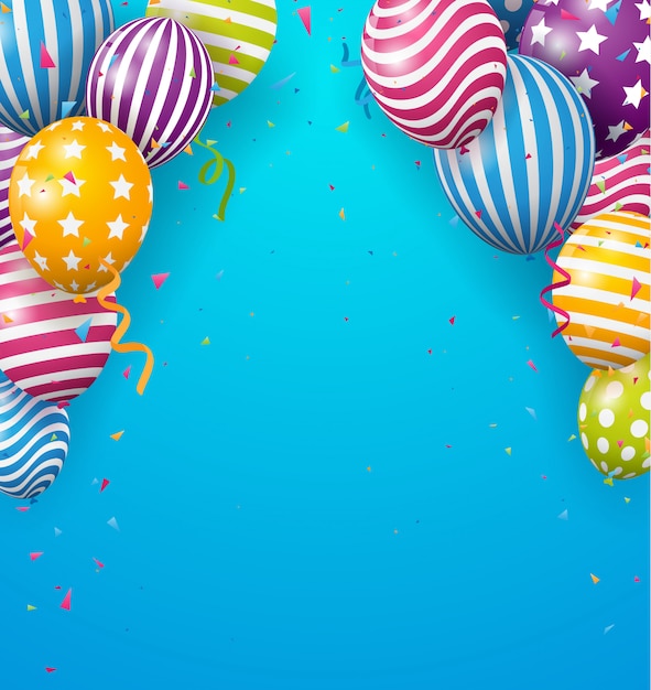 Vector globo de cumpleaños con confeti de colores sobre fondo azul.