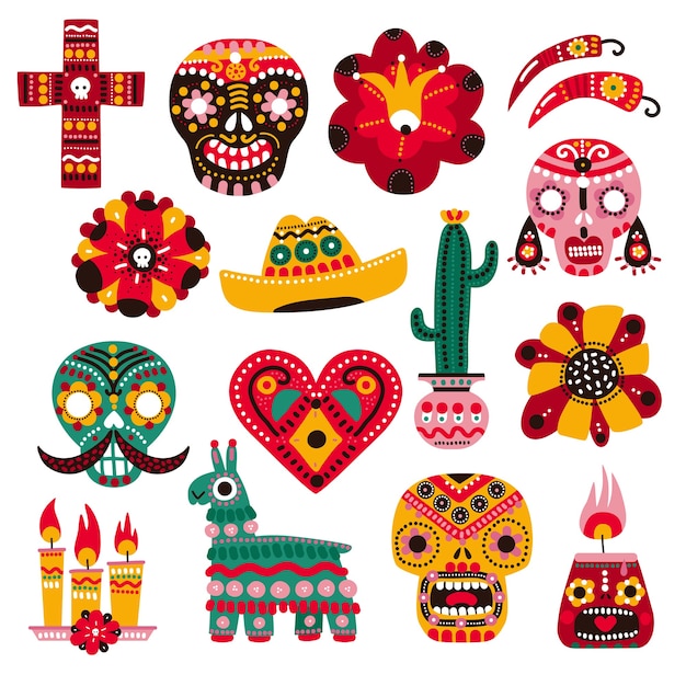 Vector dia de muertos. elementos de fiesta mexicana, máscara de calavera decorativa, vela y flor. sombrero, llama y cactus. conjunto de dia de muertos.