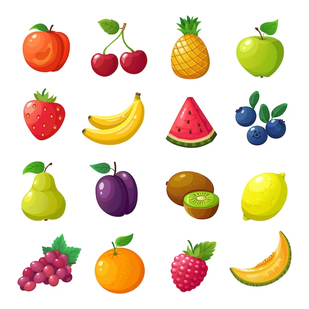 Vector dibujos animados de frutas y bayas. conjunto de vector aislado melón pera mandarina sandía manzana naranja